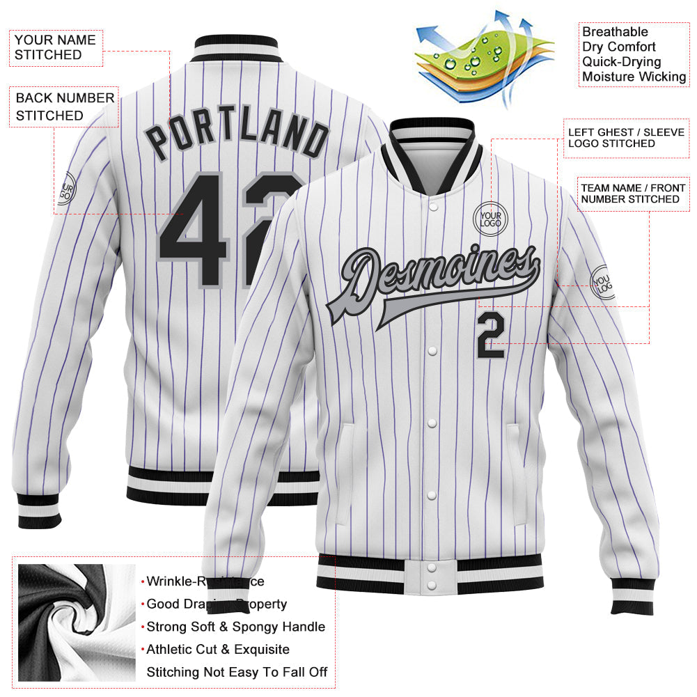Custom White Purple Pinstripe Black-Gray Bomber Full-Snap Varsity Letterman Jacket view 5