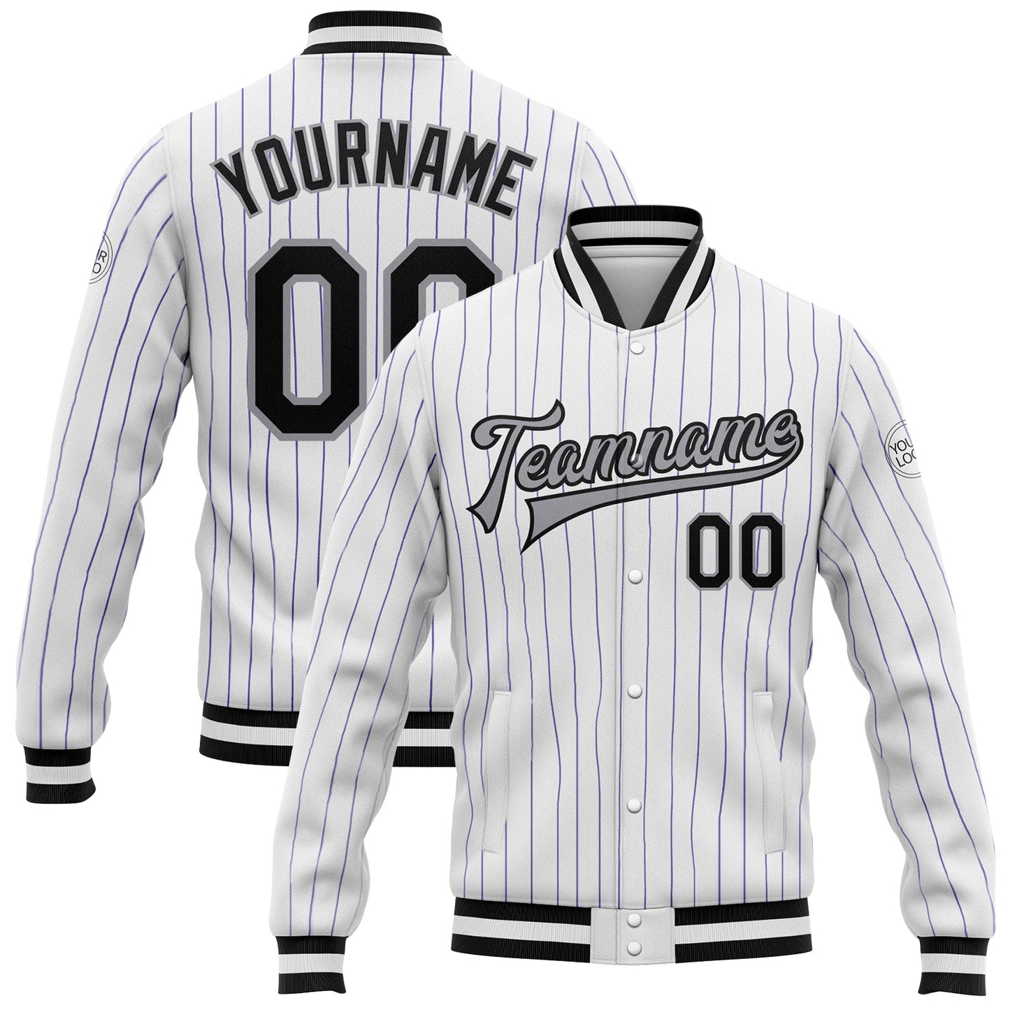 Custom White Purple Pinstripe Black-Gray Bomber Full-Snap Varsity Letterman Jacket - Main View