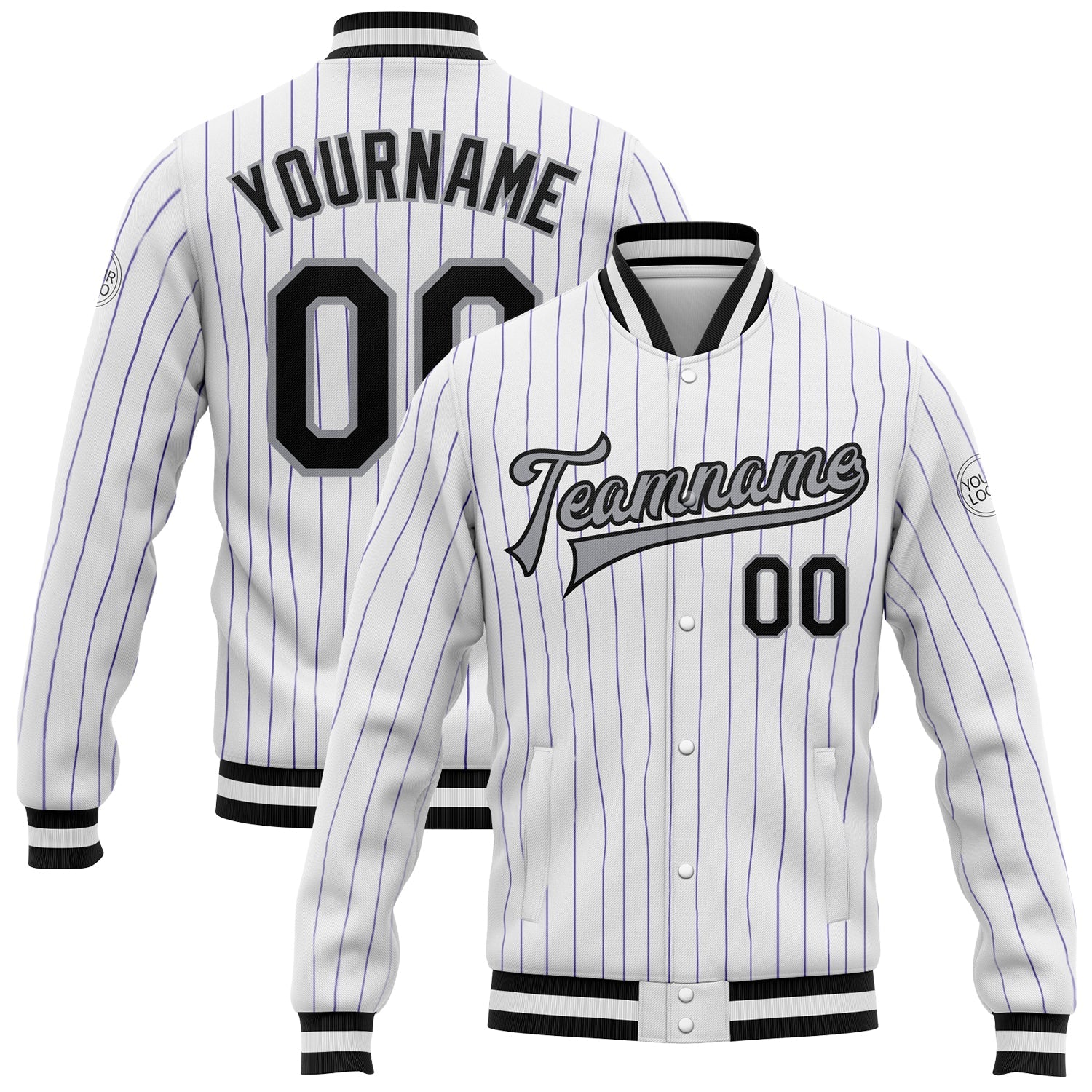 Custom White Purple Pinstripe Black-Gray Bomber Full-Snap Varsity Letterman Jacket - Main View