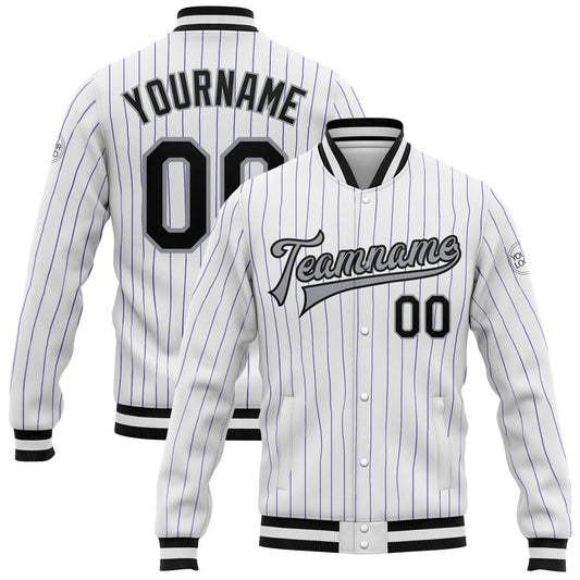 Custom White Purple Pinstripe Black-Gray Bomber Full-Snap Varsity Letterman Jacket - Main View