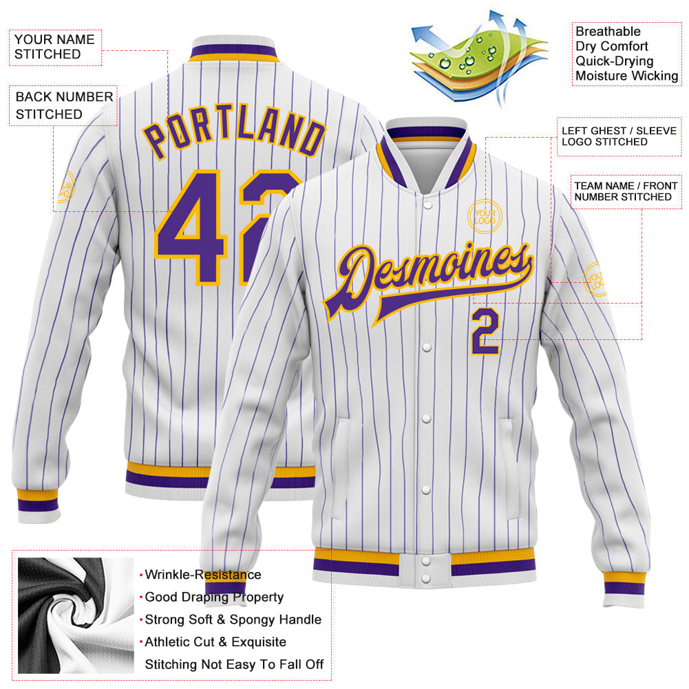Custom White Purple Pinstripe Purple-Gold Bomber Full-Snap Varsity Letterman Jacket view 5