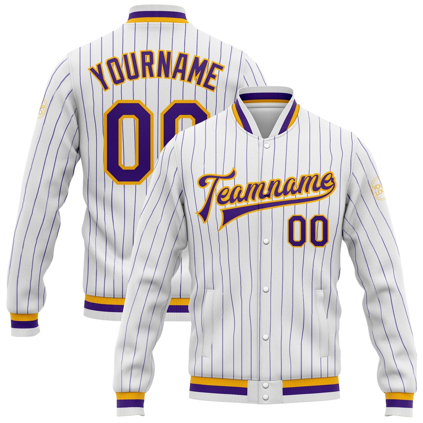 Custom White Purple Pinstripe Purple-Gold Bomber Full-Snap Varsity Letterman Jacket - Main View