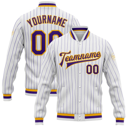 Custom White Purple Pinstripe Purple-Gold Bomber Full-Snap Varsity Letterman Jacket - Main View