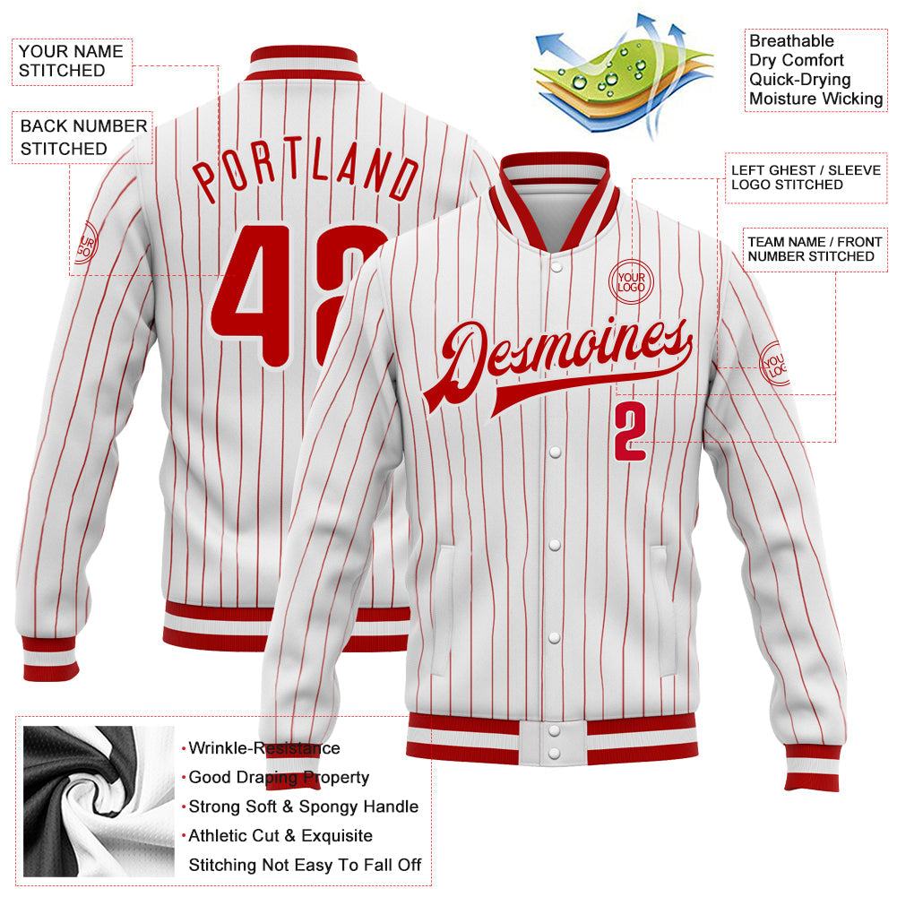 Custom White Red Pinstripe Red-White Bomber Full-Snap Varsity Letterman Jacket view 5