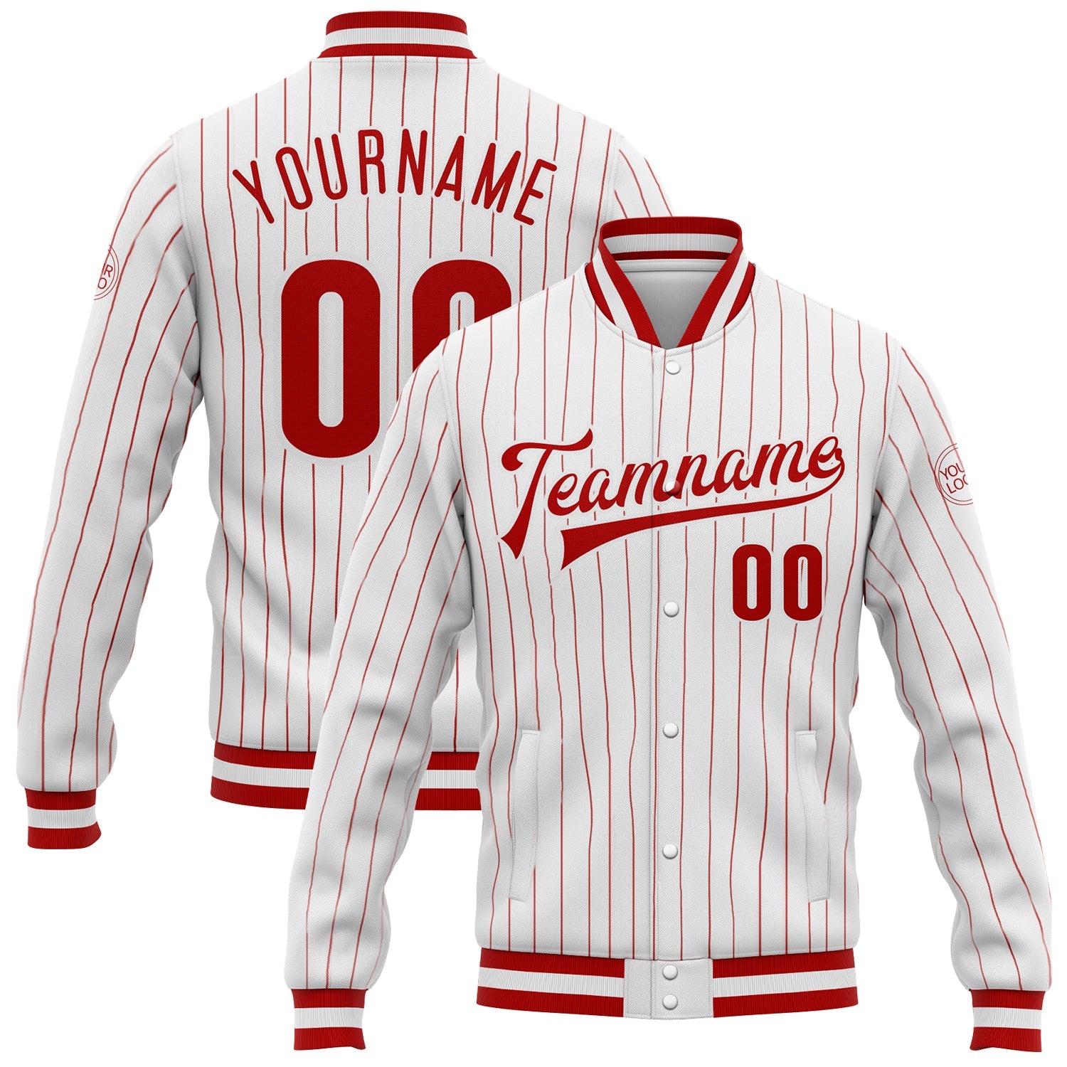Custom White Red Pinstripe Red-White Bomber Full-Snap Varsity Letterman Jacket - Main View