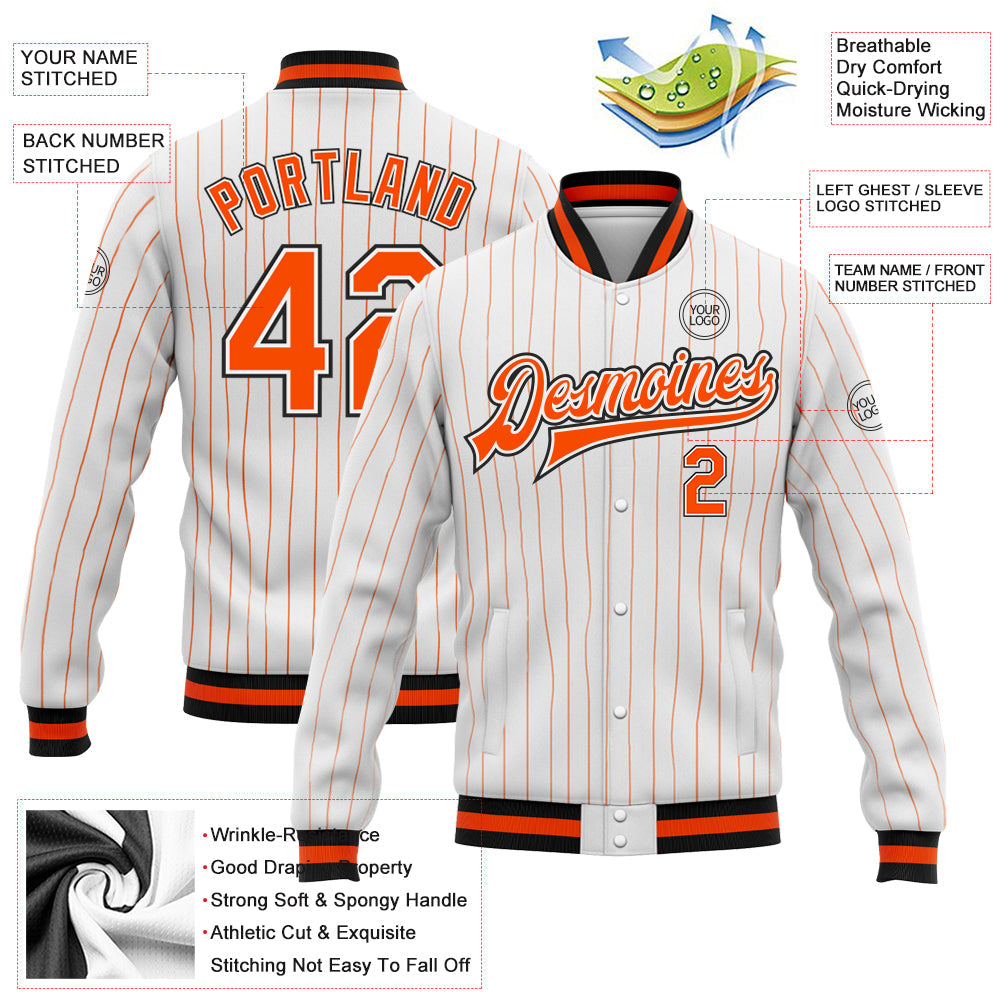Custom White Orange Pinstripe Orange-Black Bomber Full-Snap Varsity Letterman Jacket view 5