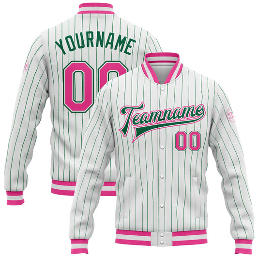 Custom White Kelly Green Pinstripe Pink-Kelly Green Bomber Full-Snap Varsity Letterman Jacket - Main View