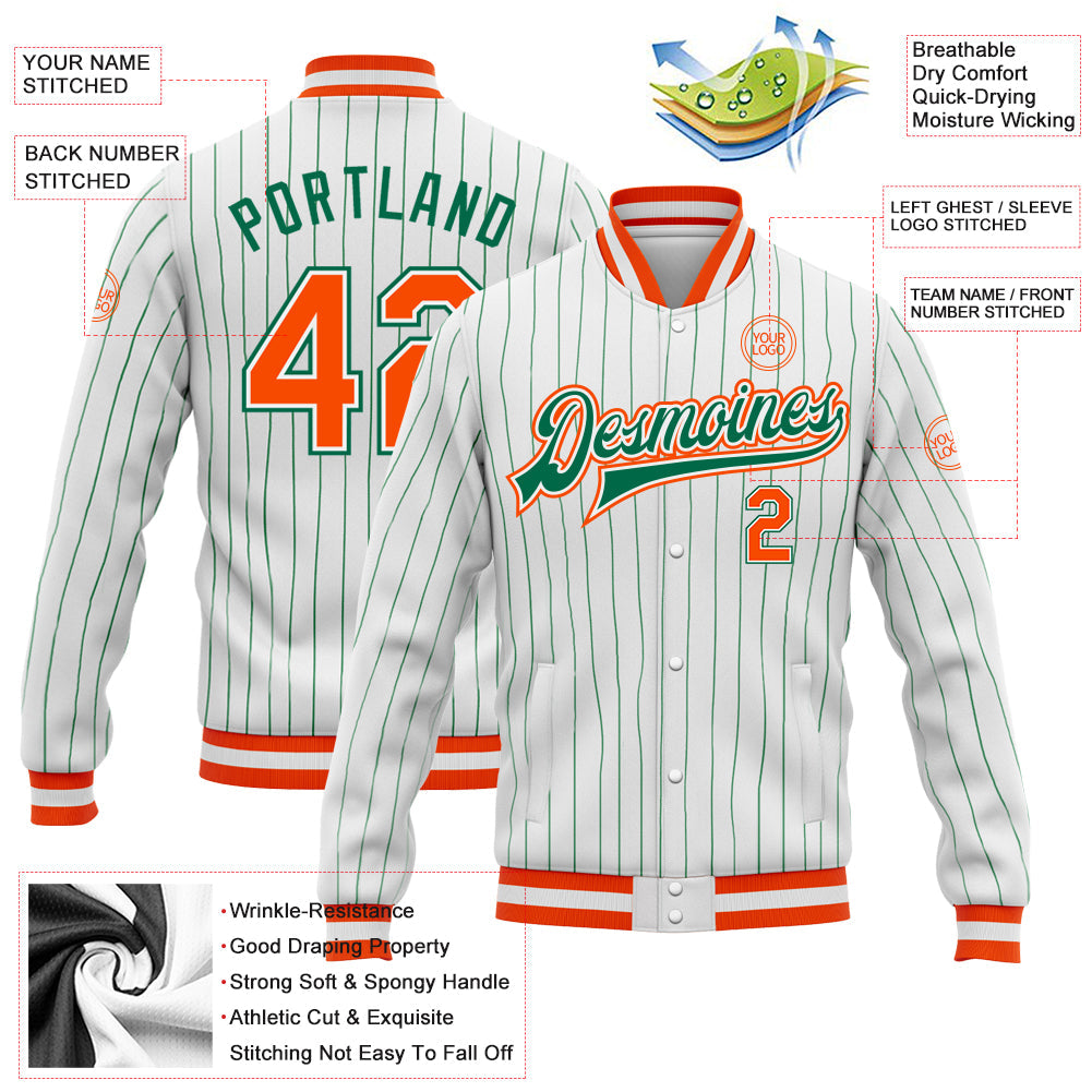 Custom White Kelly Green Pinstripe Orange-Kelly Green Bomber Full-Snap Varsity Letterman Jacket view 5