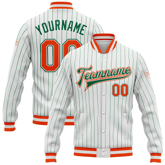 Custom White Kelly Green Pinstripe Orange-Kelly Green Bomber Full-Snap Varsity Letterman Jacket - Main View