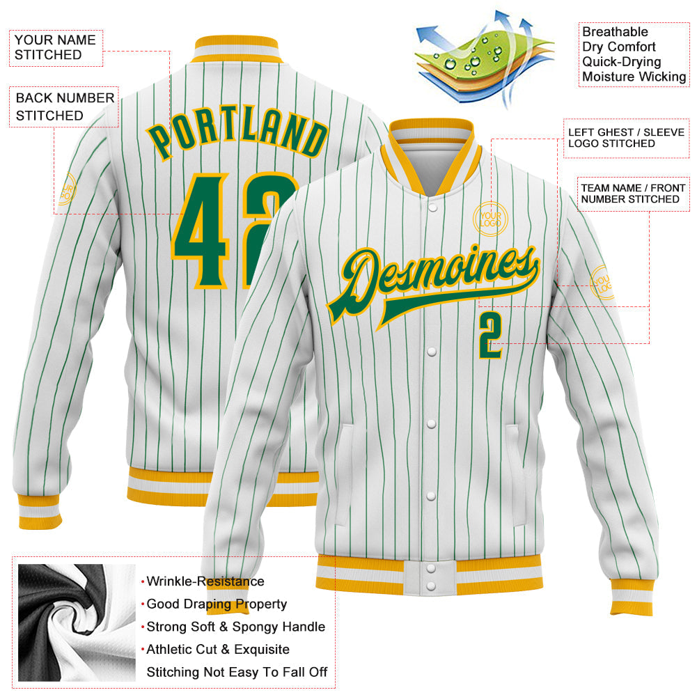 Custom White Kelly Green Pinstripe Kelly Green-Gold Bomber Full-Snap Varsity Letterman Jacket view 5