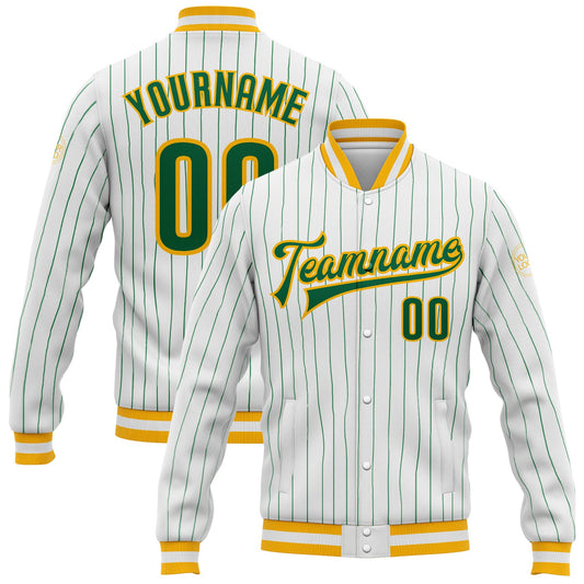 Custom White Kelly Green Pinstripe Kelly Green-Gold Bomber Full-Snap Varsity Letterman Jacket - Main View