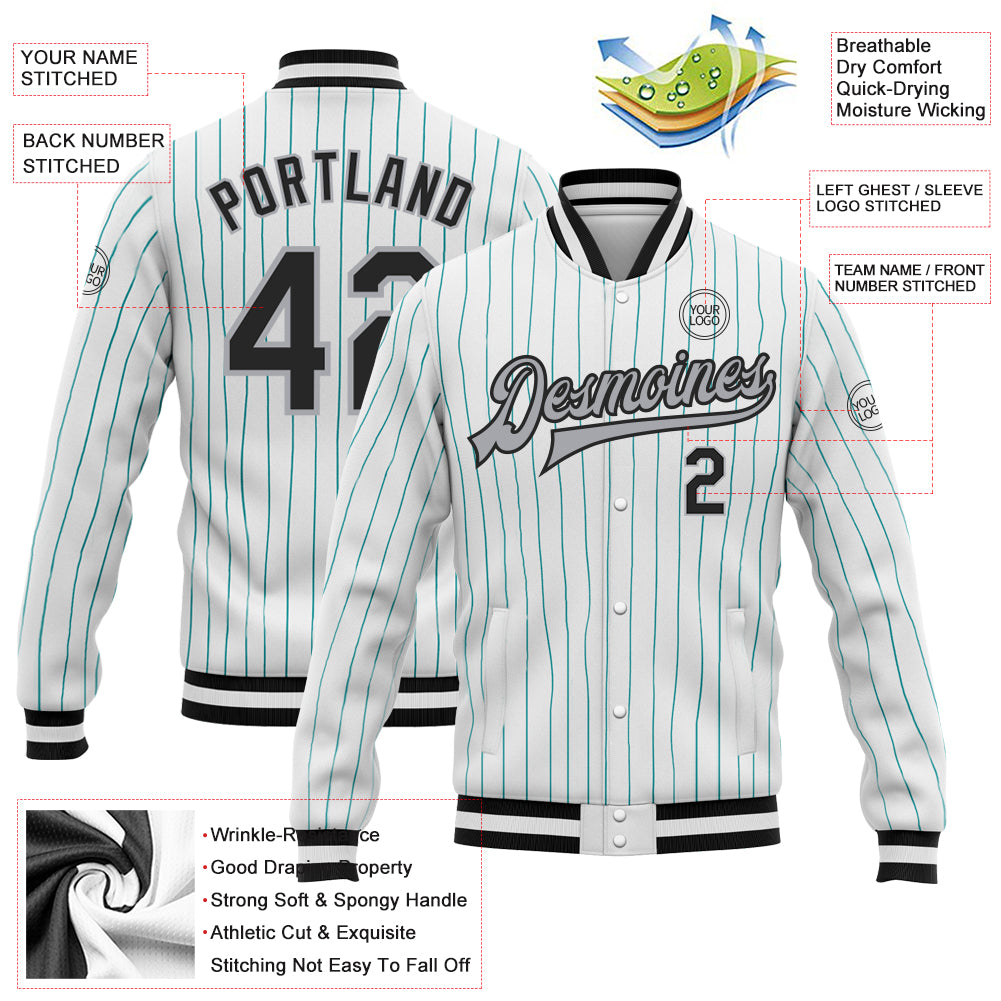 Custom White Aqua Pinstripe Black-Gray Bomber Full-Snap Varsity Letterman Jacket view 5
