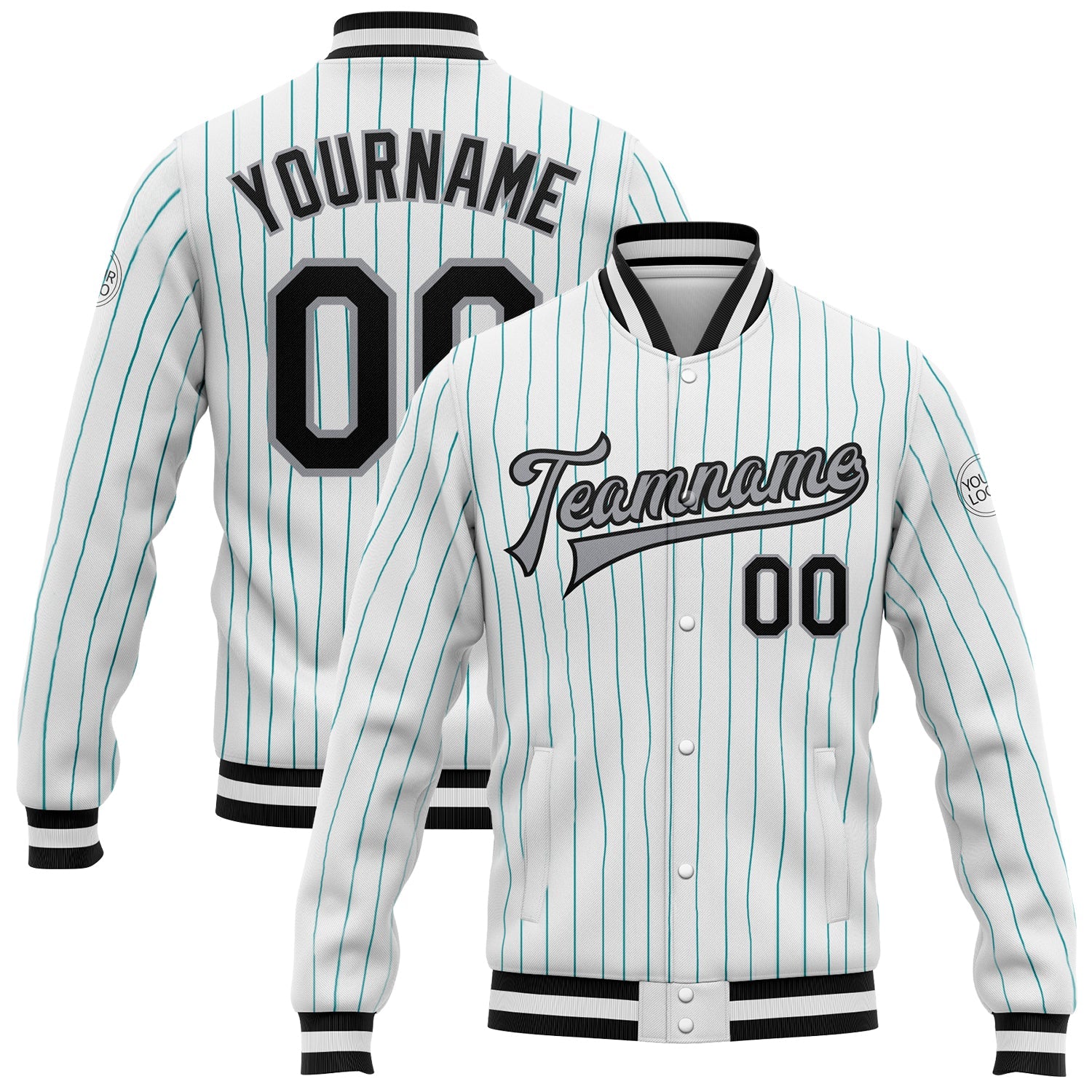Custom White Aqua Pinstripe Black-Gray Bomber Full-Snap Varsity Letterman Jacket - Main View