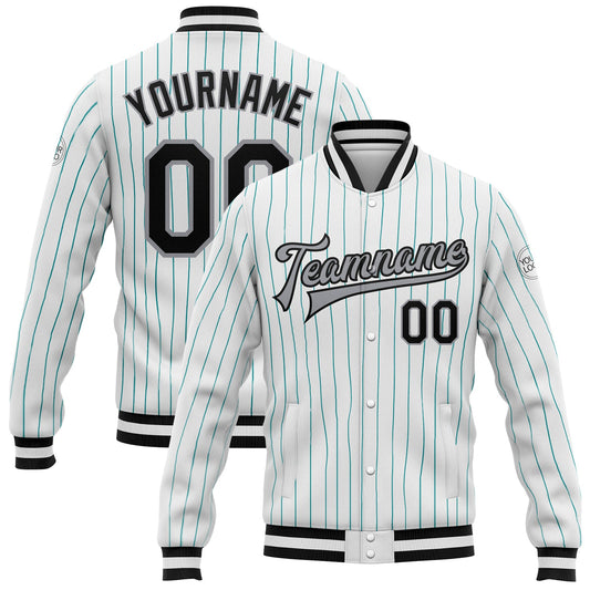 Custom White Aqua Pinstripe Black-Gray Bomber Full-Snap Varsity Letterman Jacket - Main View