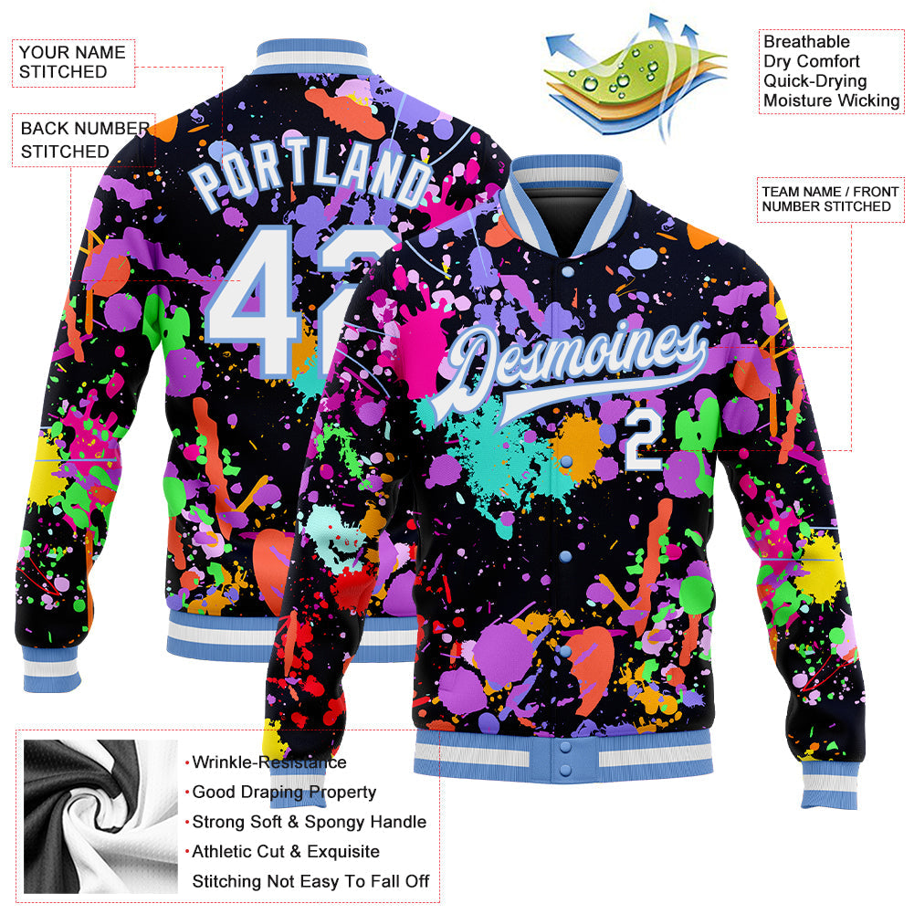 Custom Graffiti Pattern White-Light Blue Splashes 3D Bomber Full-Snap Varsity Letterman Jacket view 5