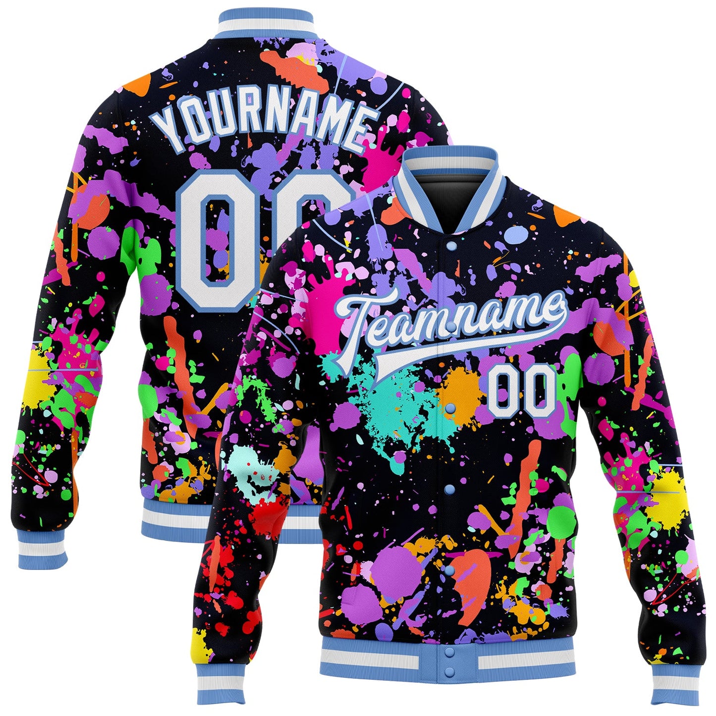 Custom Graffiti Pattern White-Light Blue Splashes 3D Bomber Full-Snap Varsity Letterman Jacket - Main View