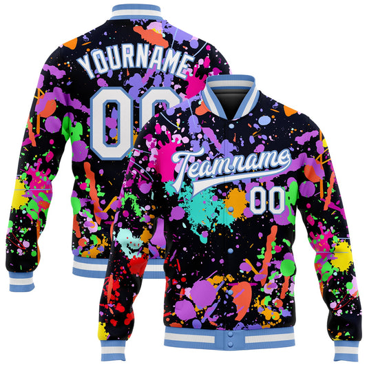 Custom Graffiti Pattern White-Light Blue Splashes 3D Bomber Full-Snap Varsity Letterman Jacket - Main View