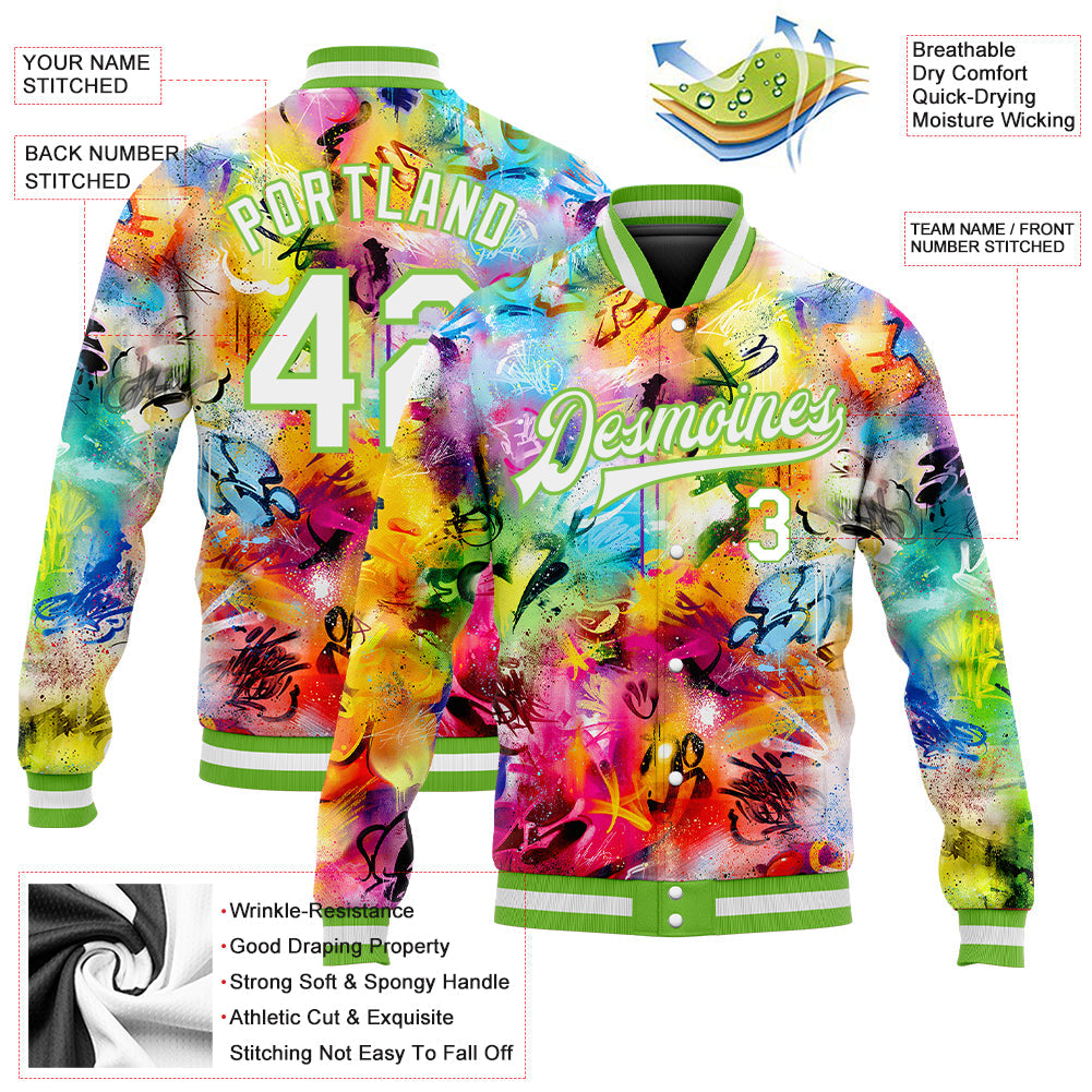 Custom Graffiti Pattern White-Neon Green Scratch 3D Bomber Full-Snap Varsity Letterman Jacket view 5