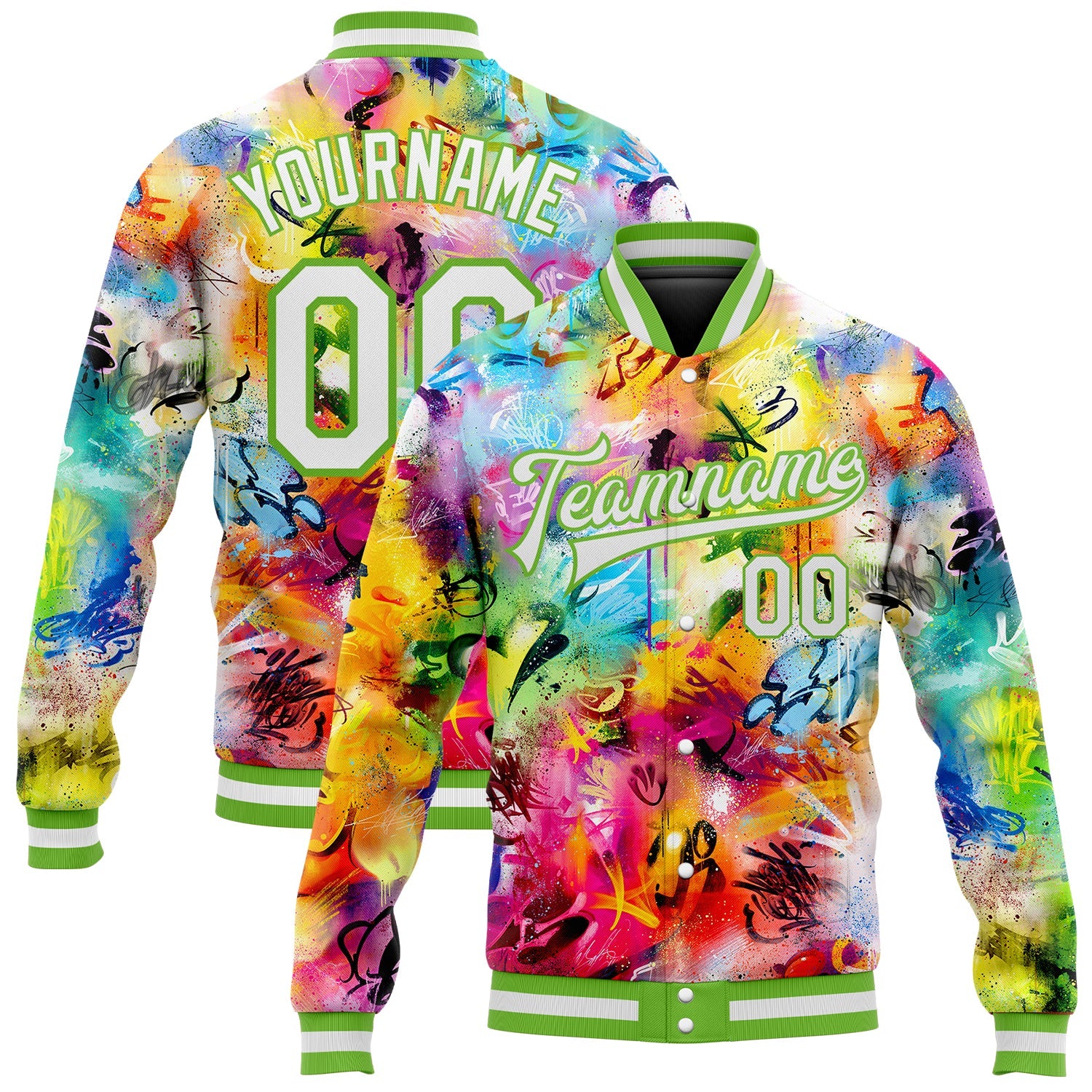 Custom Graffiti Pattern White-Neon Green Scratch 3D Bomber Full-Snap Varsity Letterman Jacket - Main View