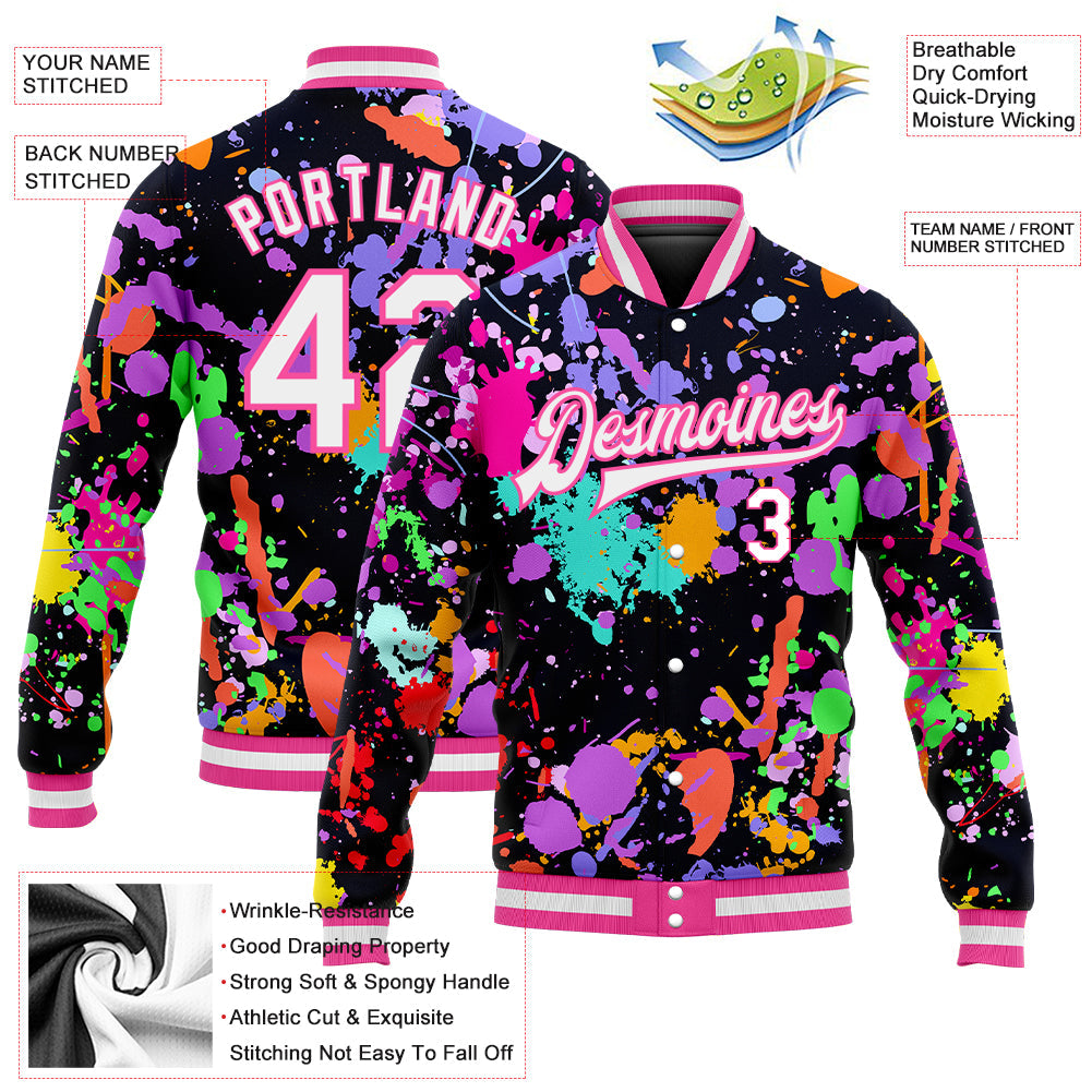 Custom Graffiti Pattern White-Pink Splashes 3D Bomber Full-Snap Varsity Letterman Jacket view 5