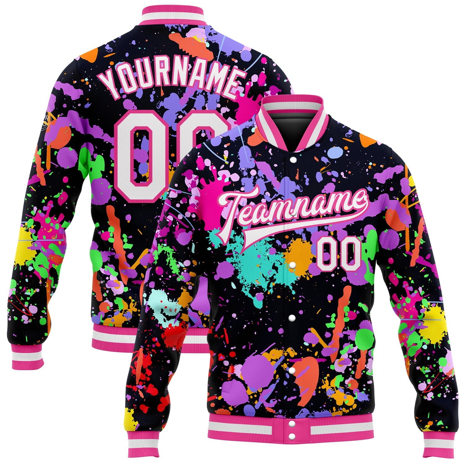 Custom Graffiti Pattern White-Pink Splashes 3D Bomber Full-Snap Varsity Letterman Jacket - Main View