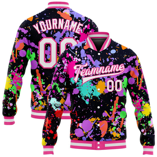 Custom Graffiti Pattern White-Pink Splashes 3D Bomber Full-Snap Varsity Letterman Jacket - Main View