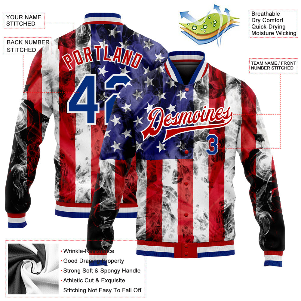 Custom White Royal-Red American Flag Fashion 3D Bomber Full-Snap Varsity Letterman Jacket view 5