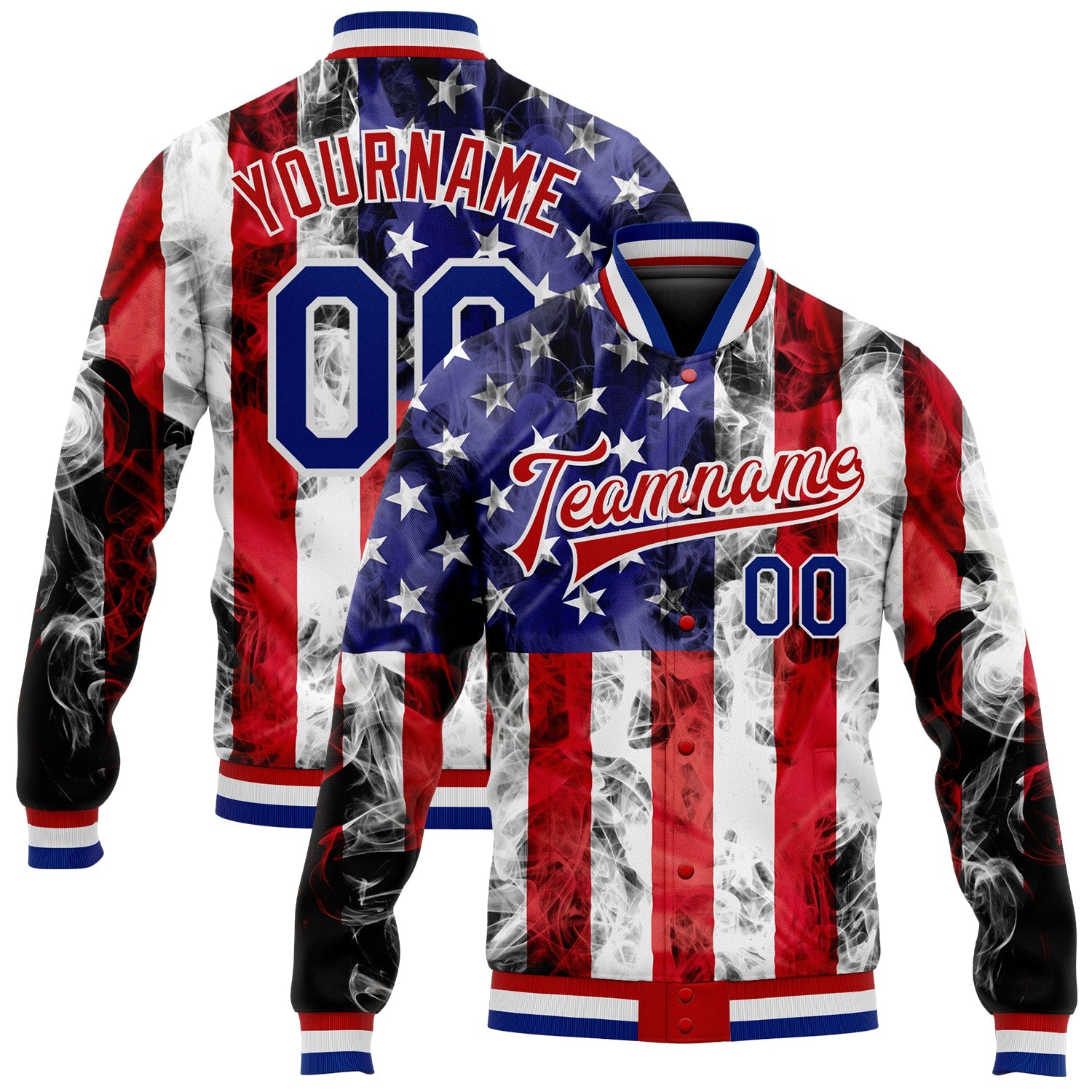 Custom White Royal-Red American Flag Fashion 3D Bomber Full-Snap Varsity Letterman Jacket - Main View