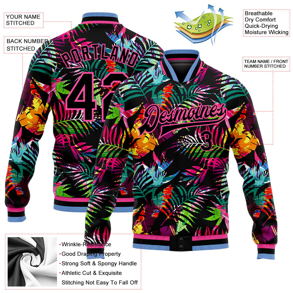 Custom Black Pink-Light Blue Hawaii Palm Trees 3D Bomber Full-Snap Varsity Letterman Jacket view 5