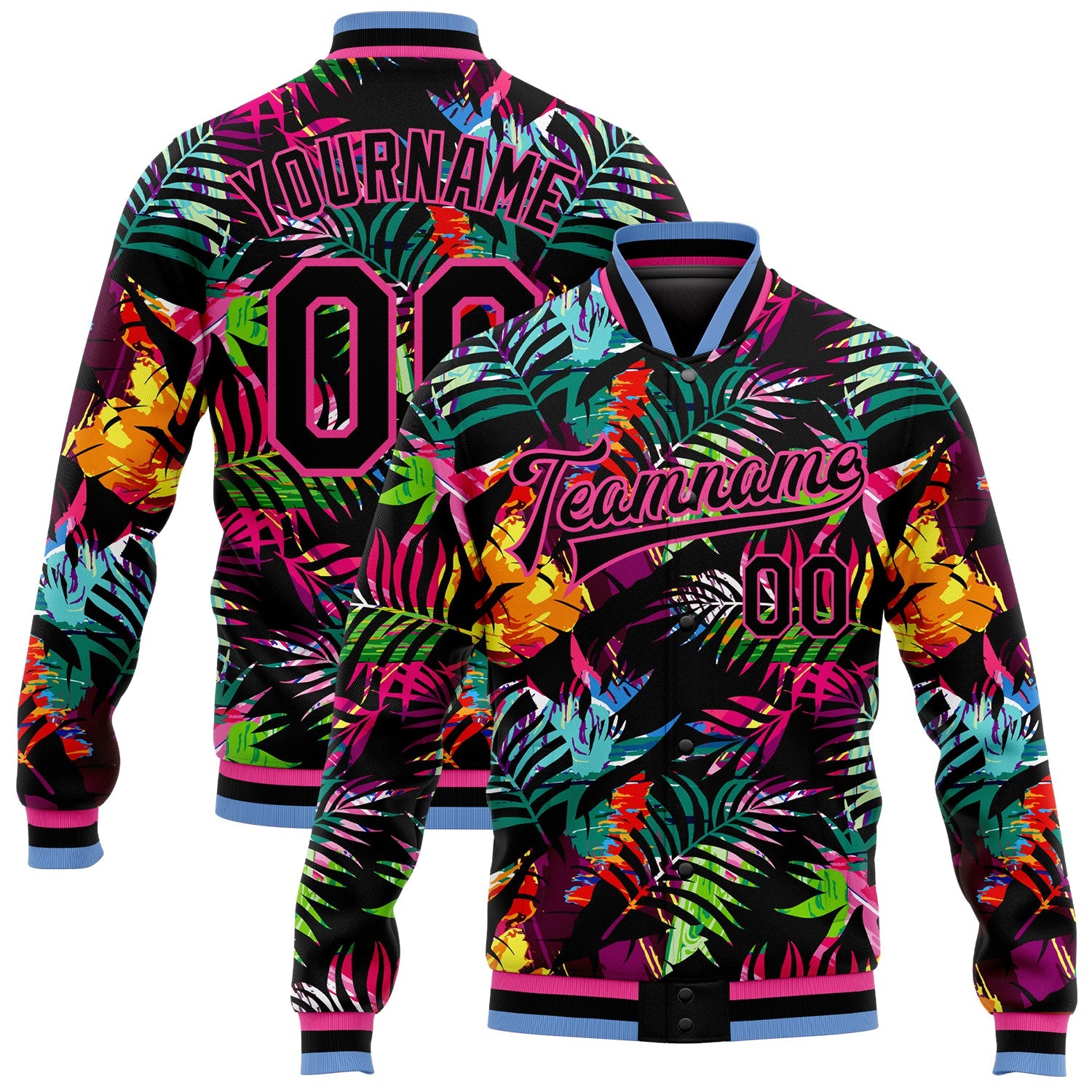 Custom Black Pink-Light Blue Hawaii Palm Trees 3D Bomber Full-Snap Varsity Letterman Jacket - Main View