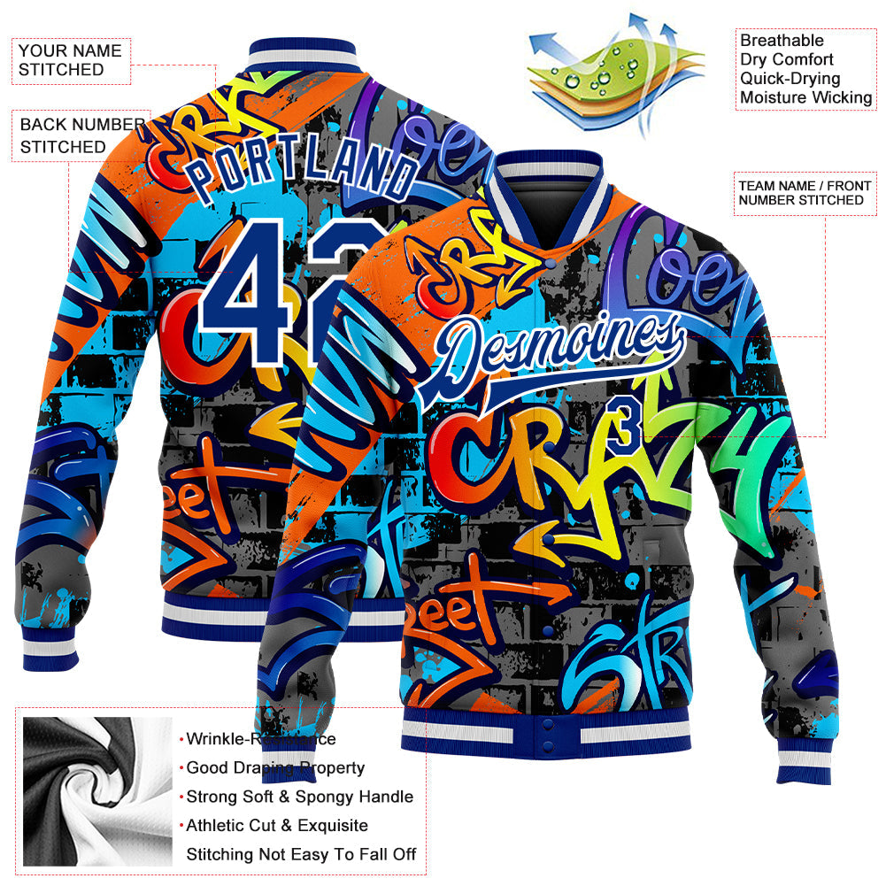 Custom Graffiti Pattern Royal-White Geometric 3D Bomber Full-Snap Varsity Letterman Jacket view 5