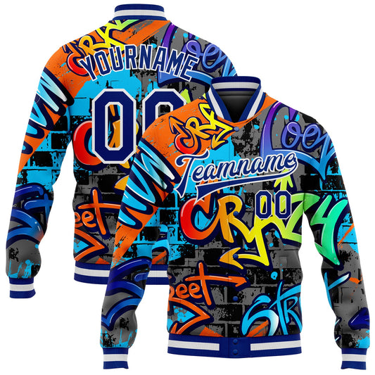 Custom Graffiti Pattern Royal-White Geometric 3D Bomber Full-Snap Varsity Letterman Jacket - Main View