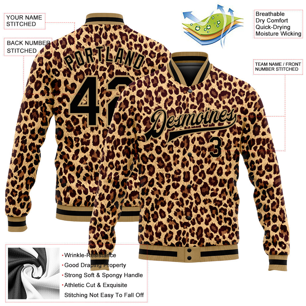 Custom Brown Black-Old Gold Leopard 3D Pattern Design Bomber Full-Snap Varsity Letterman Jacket view 5