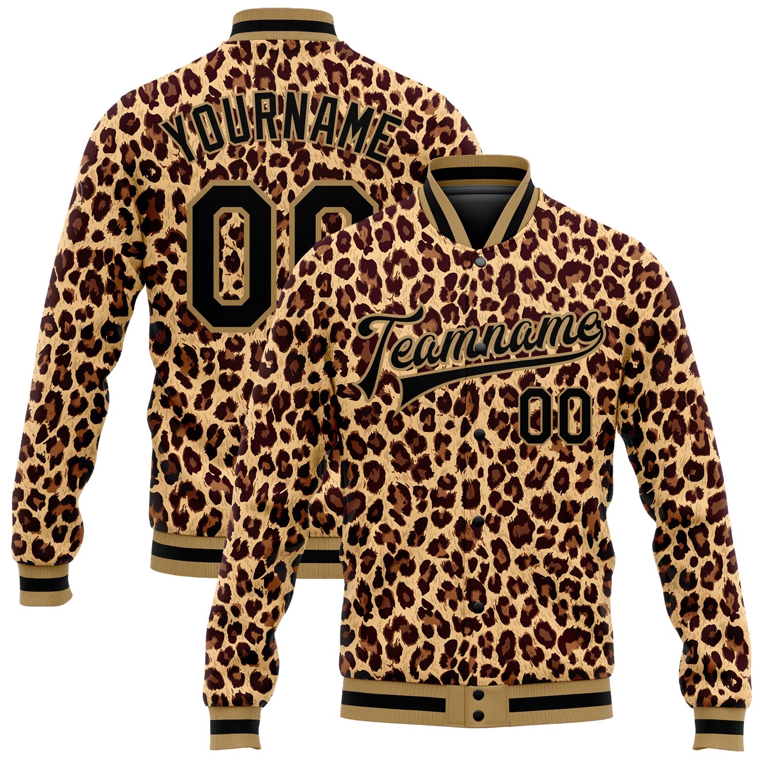Custom Brown Black-Old Gold Leopard 3D Pattern Design Bomber Full-Snap Varsity Letterman Jacket - Main View
