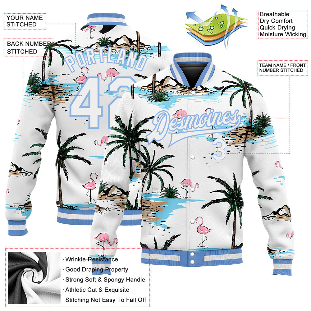 Custom White White-Light Blue Hawaii Palm Trees And Flamingo 3D Bomber Full-Snap Varsity Letterman Jacket view 5
