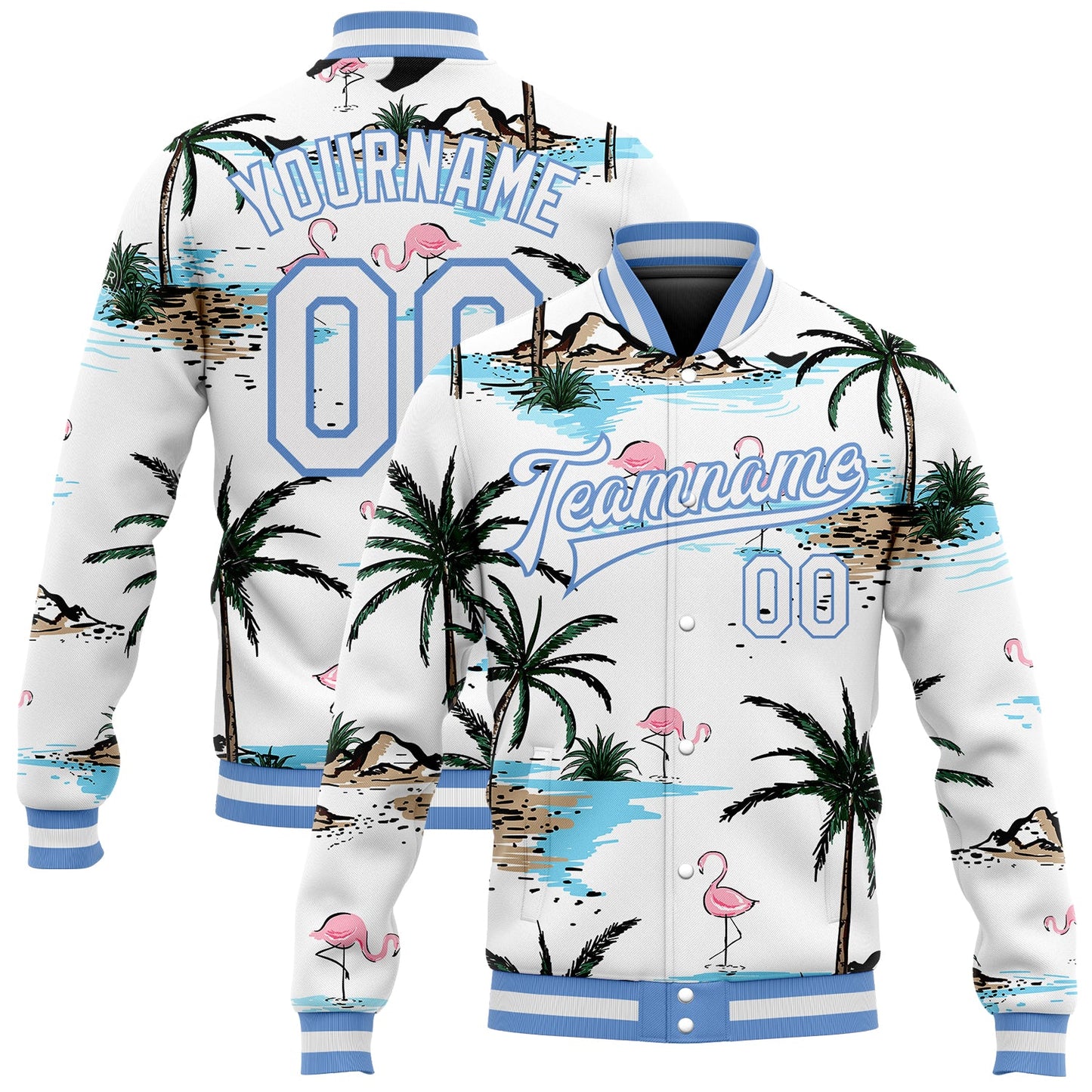 Custom White White-Light Blue Hawaii Palm Trees And Flamingo 3D Bomber Full-Snap Varsity Letterman Jacket - Main View