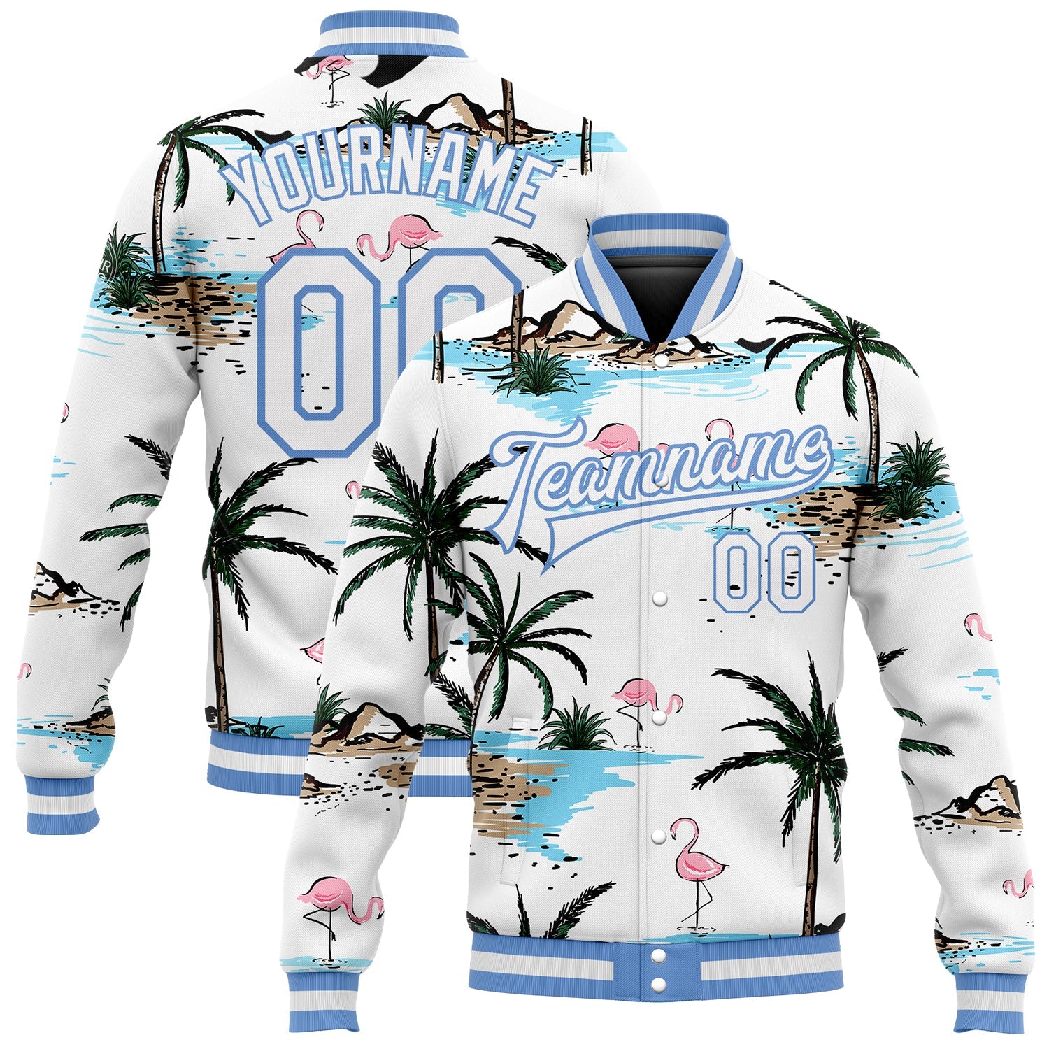 Custom White White-Light Blue Hawaii Palm Trees And Flamingo 3D Bomber Full-Snap Varsity Letterman Jacket - Main View