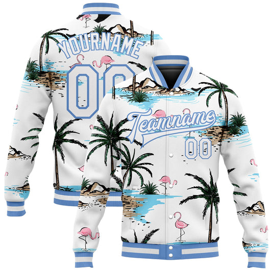 Custom White White-Light Blue Hawaii Palm Trees And Flamingo 3D Bomber Full-Snap Varsity Letterman Jacket - Main View