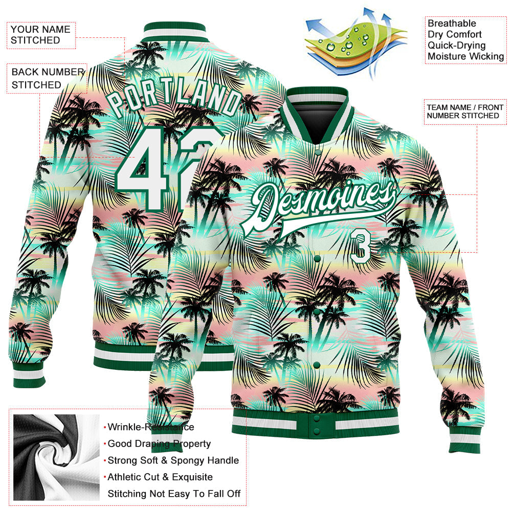 Custom White White-Kelly Green Hawaii Palm Trees 3D Bomber Full-Snap Varsity Letterman Jacket view 5
