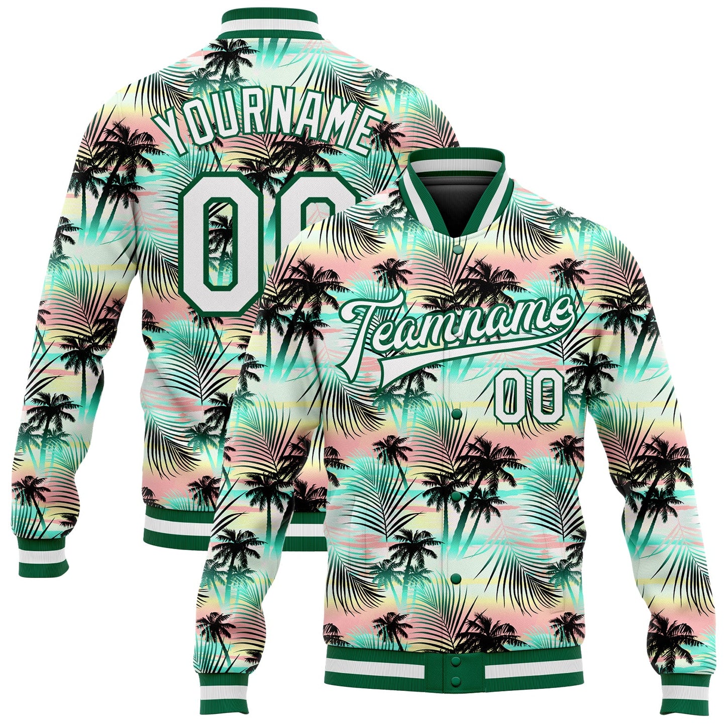 Custom White White-Kelly Green Hawaii Palm Trees 3D Bomber Full-Snap Varsity Letterman Jacket - Main View