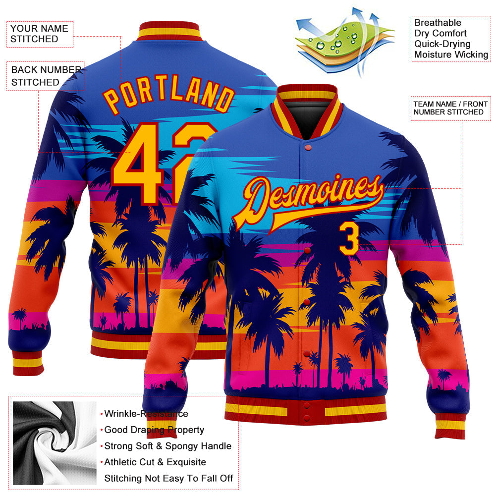 Custom Royal Gold-Red Hawaii Palm Trees 3D Bomber Full-Snap Varsity Letterman Jacket view 5