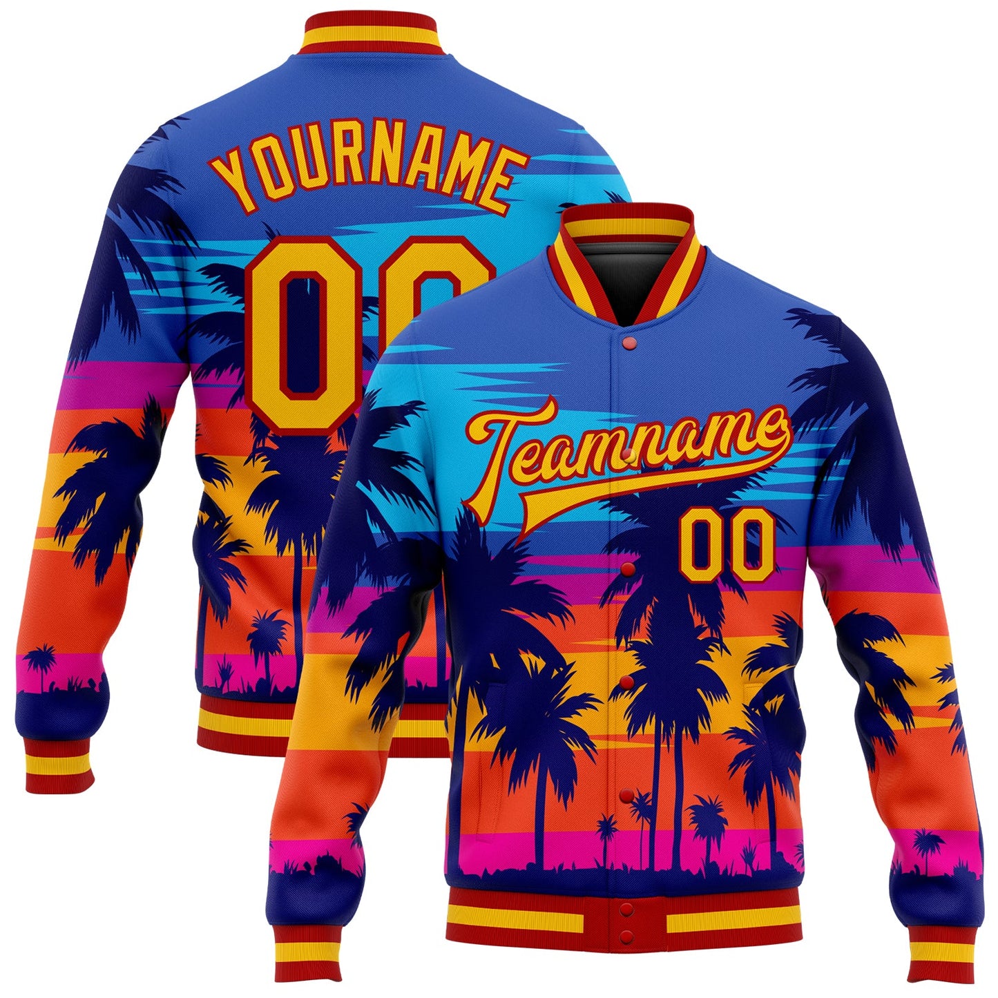 Custom Royal Gold-Red Hawaii Palm Trees 3D Bomber Full-Snap Varsity Letterman Jacket - Main View
