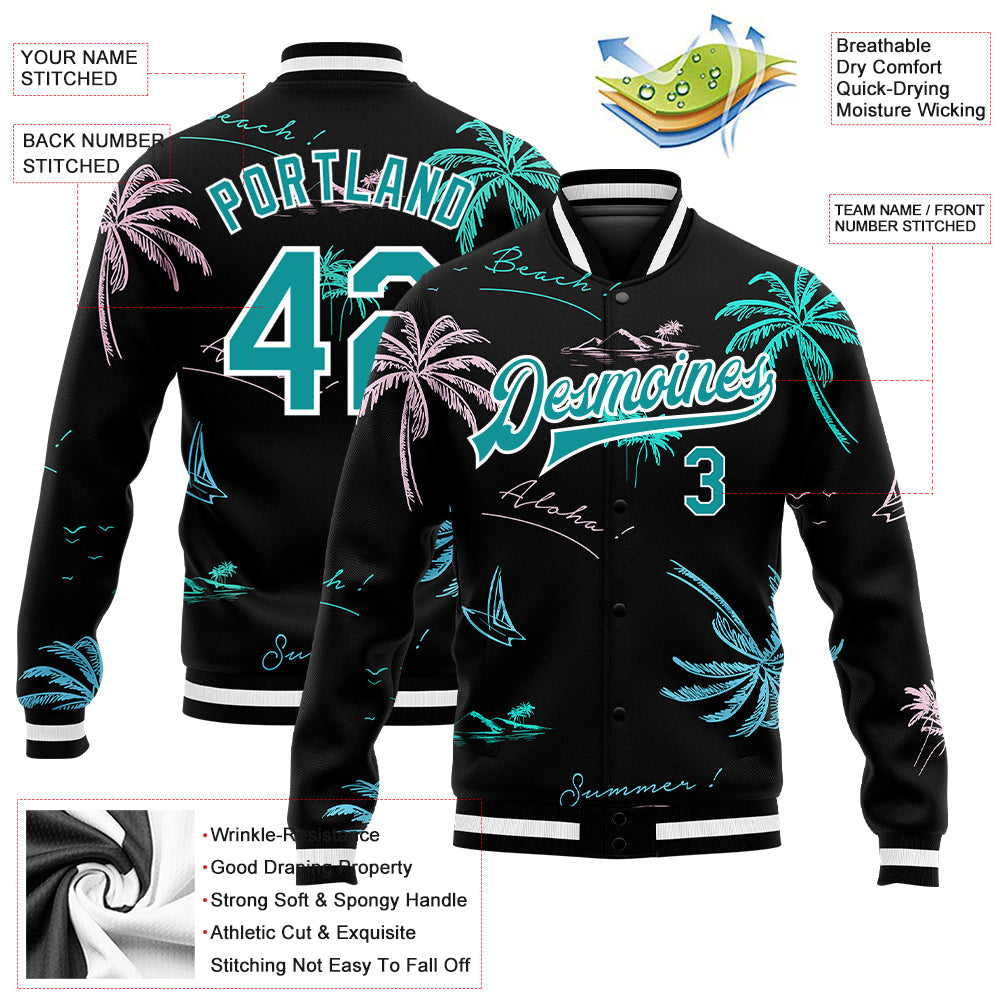 Custom Black Teal-White Hawaii Palm Trees 3D Bomber Full-Snap Varsity Letterman Jacket view 5