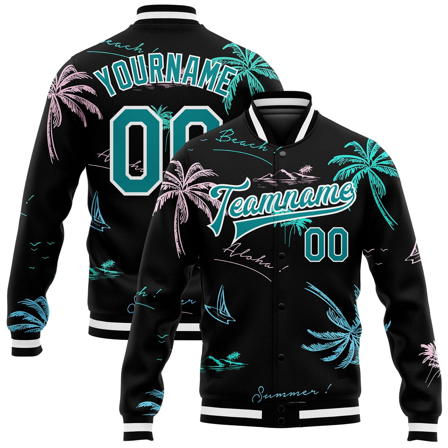Custom Black Teal-White Hawaii Palm Trees 3D Bomber Full-Snap Varsity Letterman Jacket - Main View