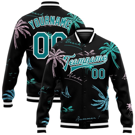 Custom Black Teal-White Hawaii Palm Trees 3D Bomber Full-Snap Varsity Letterman Jacket - Main View