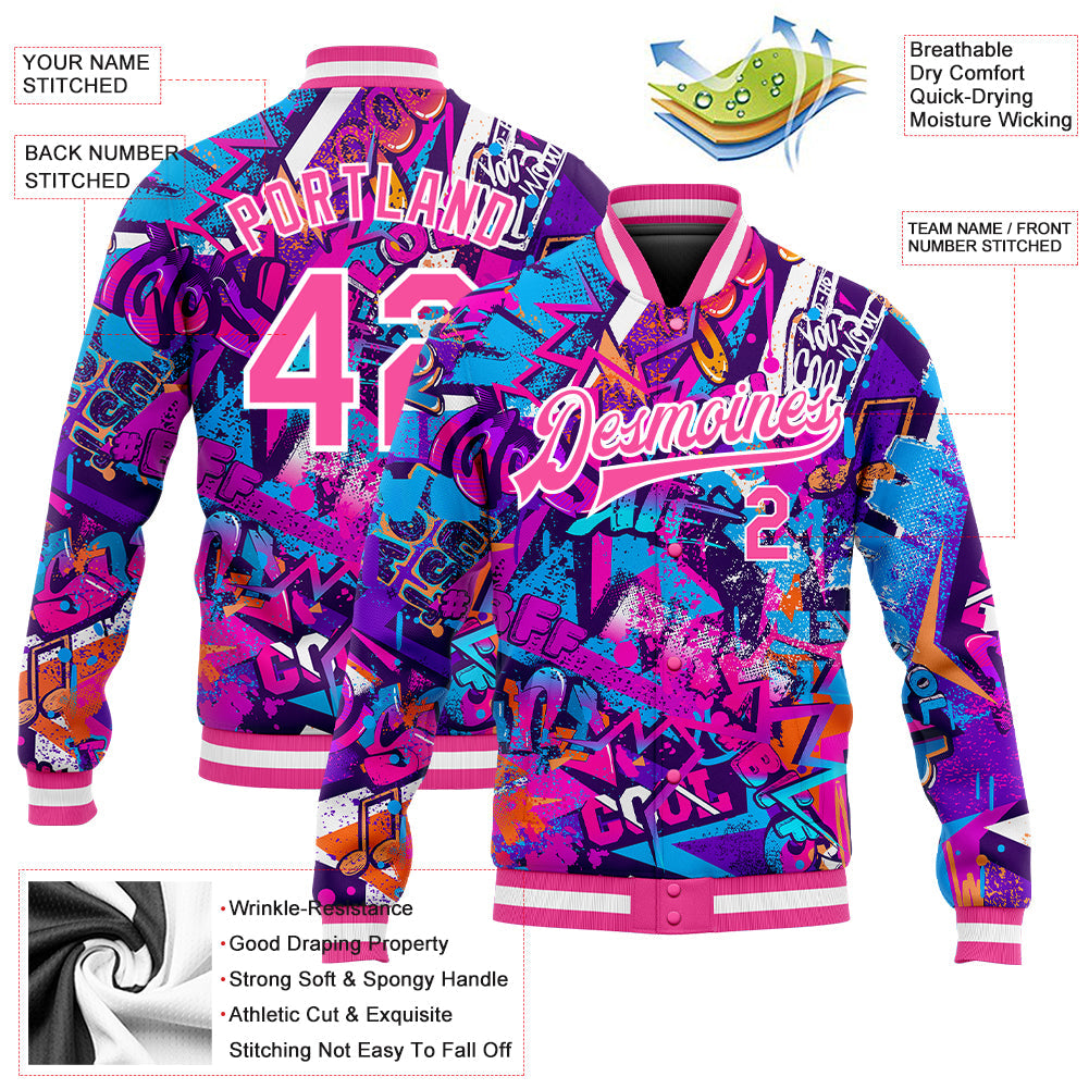 Custom Graffiti Pattern Pink-White Words 3D Bomber Full-Snap Varsity Letterman Jacket view 5