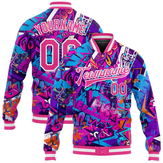 Custom Graffiti Pattern Pink-White Words 3D Bomber Full-Snap Varsity Letterman Jacket - Main View