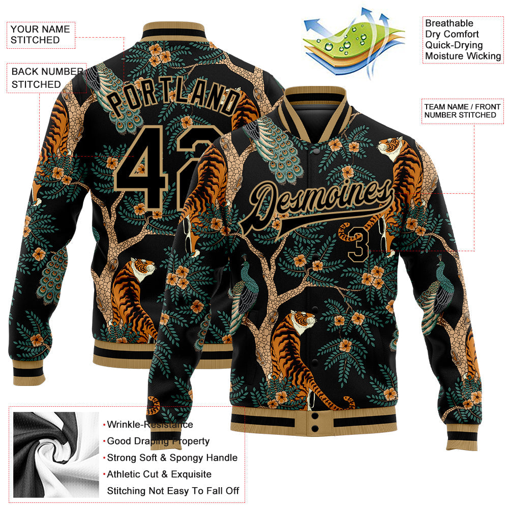 Custom Black Black-Old Gold Tiger And Peacock 3D Pattern Design Bomber Full-Snap Varsity Letterman Jacket view 5