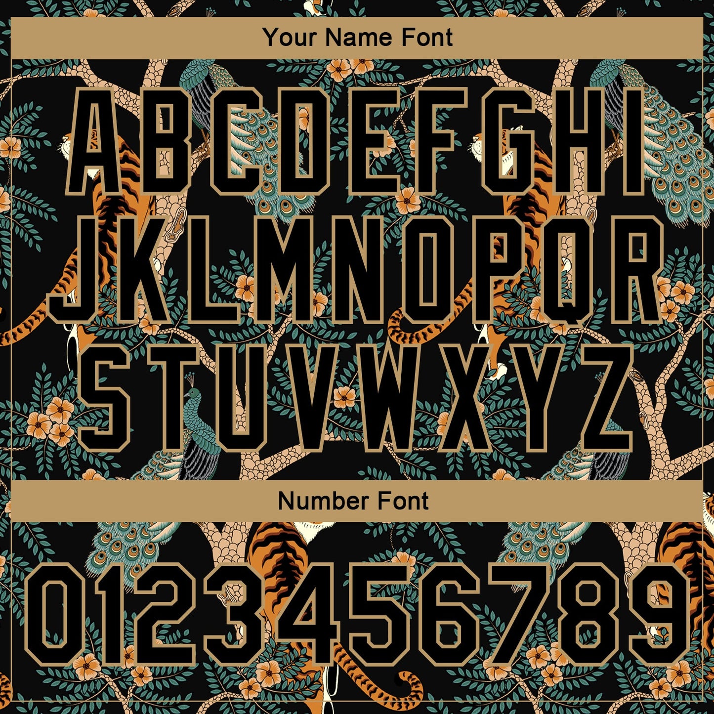 Custom Black Black-Old Gold Tiger And Peacock 3D Pattern Design Bomber Full-Snap Varsity Letterman Jacket view 7