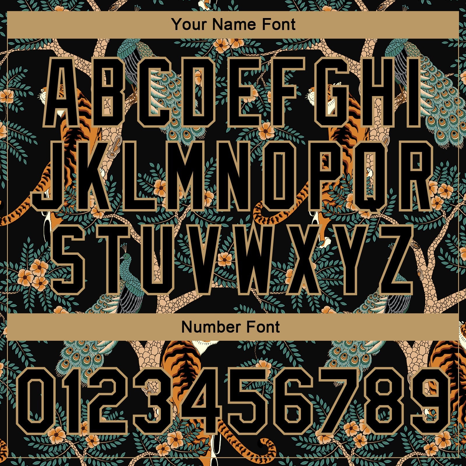 Custom Black Black-Old Gold Tiger And Peacock 3D Pattern Design Bomber Full-Snap Varsity Letterman Jacket view 7
